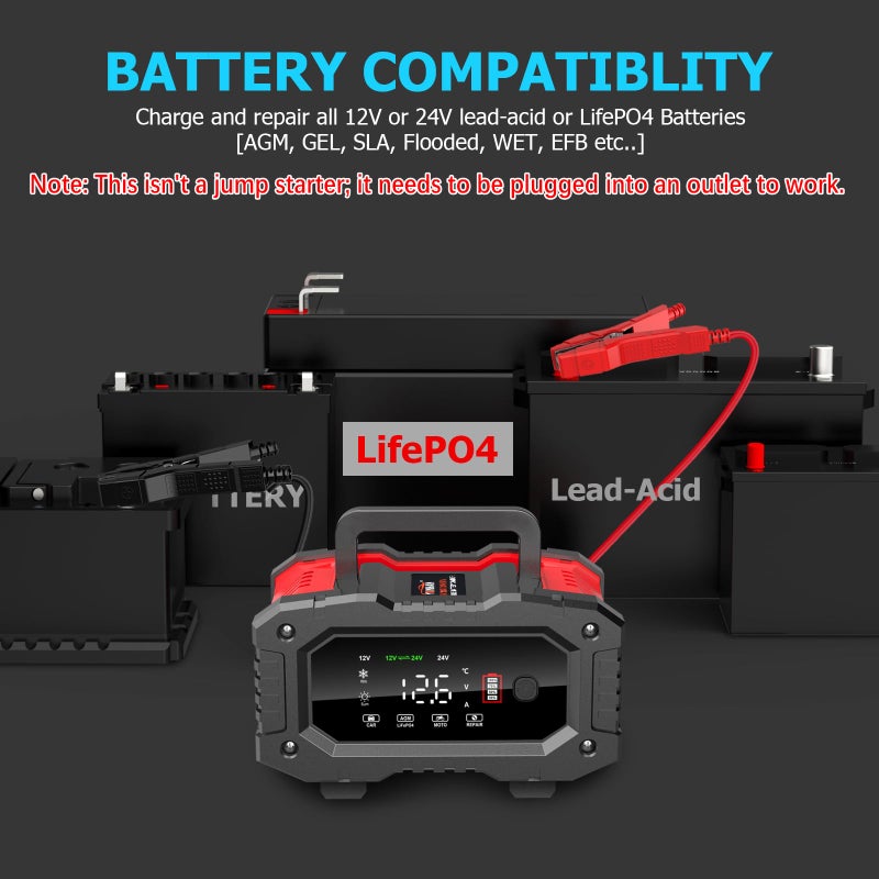 YONHAN Battery Charger 20A 12V/24V LiFePO4 Lead Acid Fully Automatic Battery Maintainer, Car Battery Trickle Charger Automotive w/Repair, Winter Mode, for AGM, STD, Gel, Deep Cycle Batteries - Image 2
